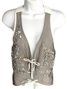 HIGH USE Italy Sheer Vest Crystal Beaded Floral Embroidery Tie Front Gray IT46